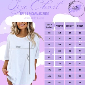 May include: Size chart for Bella + Canvas 3001 unisex jersey t-shirt. The chart shows measurements in inches for width, length, and chest for sizes XS to 5XL.