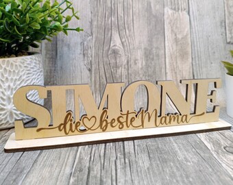 Liebevolles Muttertag Geschenk - Individuelles Holzschild mit personalisiertem Namen und Ständer- Beste Mama - Überraschen Sie Ihre Mutter