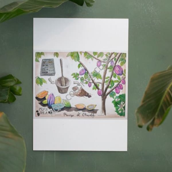 Tableau chocolat du Costa Rica pour les gourmands, aquarelle A4 environ multicolore, thème nature et nourriture, pour déco ou cadeau voyage