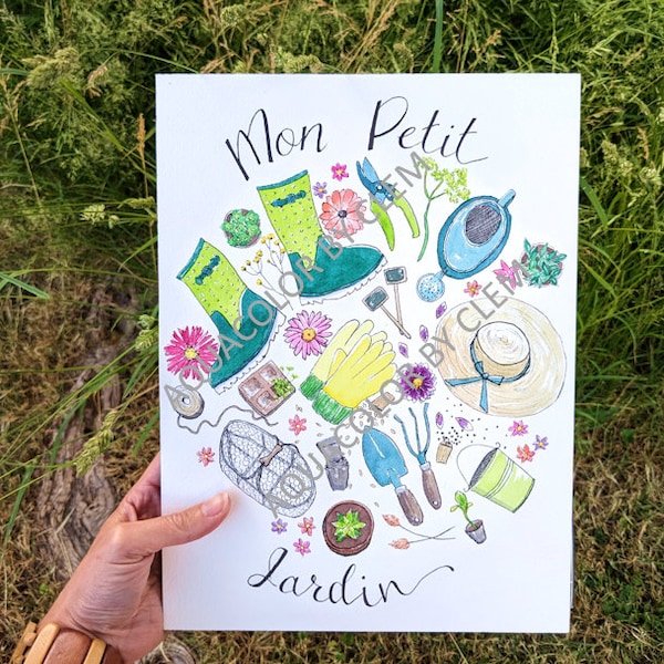 Affiche colorée jardinage fleuri, aquarelle moderne A4 environ outils de jardin et fleurs, pour déco murale ou cadeau aux fans de plantes