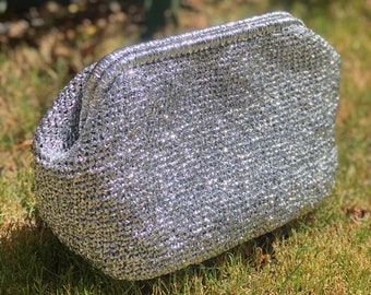 Crochet Silver Metallic Party Clutch, Handmade Woven Raffia