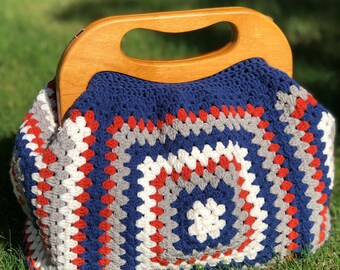 Granny Square Crochet Clutch with Wooden Clasp & Strap