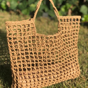 Crochet Net Bag,Raffia Bag,Crochet Tote Bag ,Straw beach mesh bag, raffia beach bag tan, Handmade beach tote, straw handbag,Crochet Purse