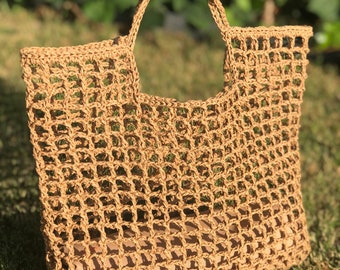 Handmade Raffia Crochet Beach Tote Bag, Natural Mesh Design
