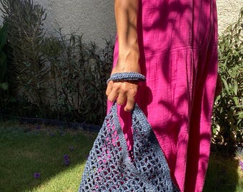 Handmade Blue Crochet Market Bag, Raffia Beach Tote