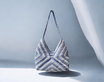 Handmade Blue Crochet Hobo Bag, Woven Raffia Straw Tote