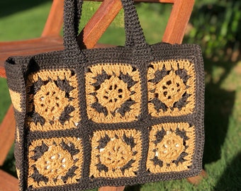 Granny Square Crochet Raffia Tote Bag, Handmade Summer Shopper
