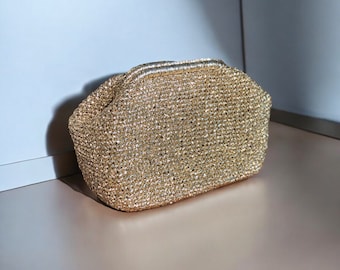 Crochet Gold Metallic Raffia Clutch, Woven Boho Purse