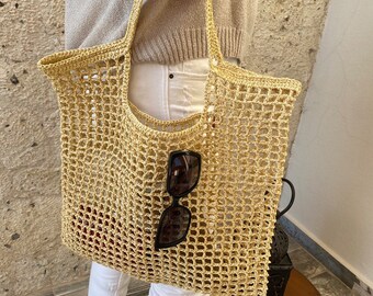 Handmade Raffia Crochet Beach Tote Bag, Woven Market Bag