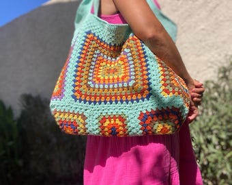 XL Handmade Crochet Granny Square Tote Bag, Cotton Lined Handbag