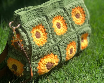 Crochet Granny Square Sunflower Crossbody Bag, Handmade Boho Purse