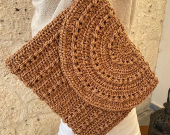 Handmade Raffia Crochet Clutch, Italian Viscose, Summer Bag