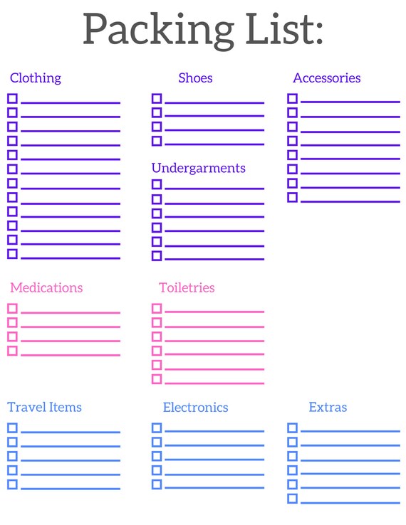 Printable Packing Checklist Blank Vacation Packing List Printable 