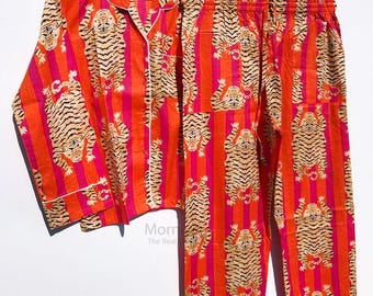 Hand Block Printed Cotton Pajama Set: Tiger Print Loungewear
