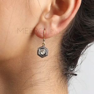 Victorian Diamond Hook Earrings, Natural Pave & Polki Diamond Slice Earrings, 925 Sterling Silver Anniversary Gift For Her Vintage Jewelry.