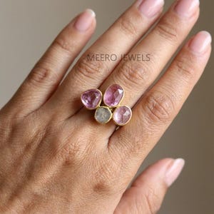 Natural Slice Diamond & Pink Stone Ring 925 Sterling Silver Gold Plated Cluster Handmade Statement Jewelry Unique Boho Gift for Her