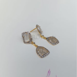 Victorian Diamond Slice Earrings Dangle-Drop Earrings Vintage Pave Polki Diamond Earrings Handmade Fine Silver Earrings Wedding gift for her