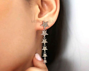 Pendientes colgantes de estrella con diamantes pavé natural en plata de ley 925 / Pendientes colgantes celestiales / Joyería Starburst hecha a mano para ella