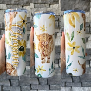 personlized Yellow highland cow tumbler, western cow tumbler, cute cow tumbler,  gift for her