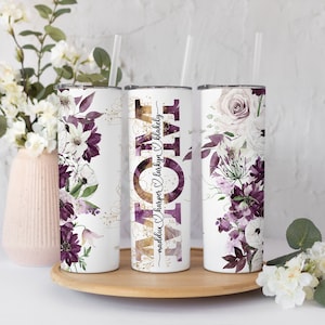 Mom purple floral Name Tumbler, mothers day gift, personalized mom tumbler with kids names, watercolor floral skinny tumbler
