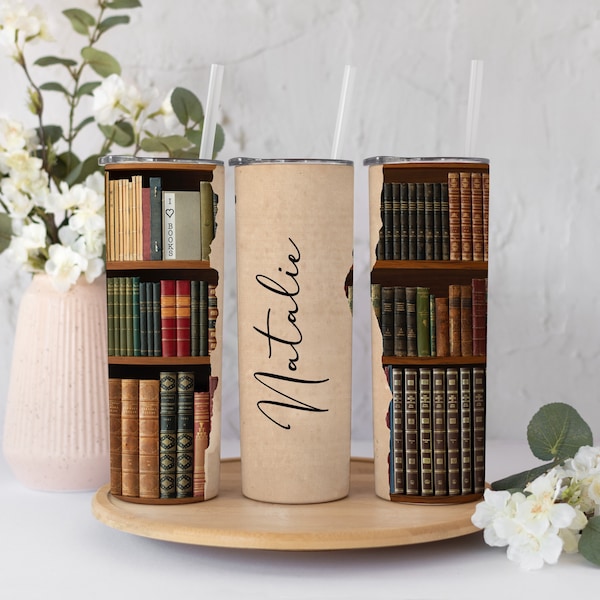 Personalized book tumbler, book tumbler with straw, reader tumbler, reading gift, book name tumbler