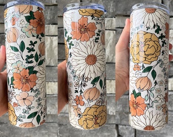 Boho Floral Tumbler, gobelets d'automne, gobelet maigre de 20 onces, gobelet de voyage, fleurs d'automne,