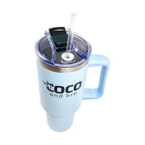 Sky Blue Insulated Tumbler Travel Mug with Lid and Handle | Stainless Steel Coffee Cup Gift for Her or Him