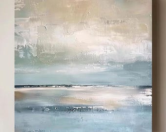 Abstract Seascape Painting, Blue Grey Coastal Wall Art, Textured Beach Canvas, Modern Ocean Artwork, Living Room Decor, Original Acrylic Art