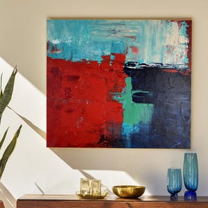 Teal Blue Abstract Painting, Acrylic Canvas Art, Original Handmade Artwork, for Dining Room, Modern Home Style Decor