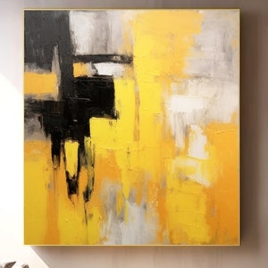 Yellow Black Abstract Painting on Canvas, Large Textured Wall Art for Modern Living Room Office, Bold Minimalist Decor, Contemporary Artwork