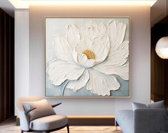 Large 3D White Flower Oil Painting On Canvas, Original Heavy Textured Floral Art For Home Decor, Fancy Living Room Art, Custom AN1995