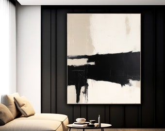 Extra Large Minimalist Abstract Painting On Canvas Black & White, Modern Contemporary Room Art, Black Textured Artwork For Home Or Office