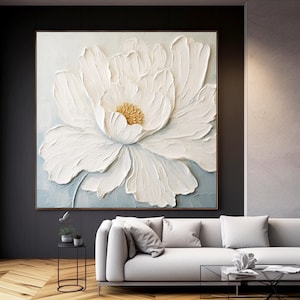 Peinture florale blanche 3D de luxe pour chambre contemporaine, oeuvre d'art moderne faite main de fleurs blanches sur toile, oeuvre d'art murale blanche de feuilles florales AN1995