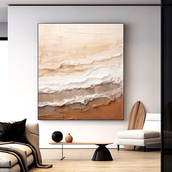 Oversized Brown Beach Abstract Wall Art Decoration, Minimalist Brown Ocean Painting On Canvas, Modern Waves Texture Abstract Art