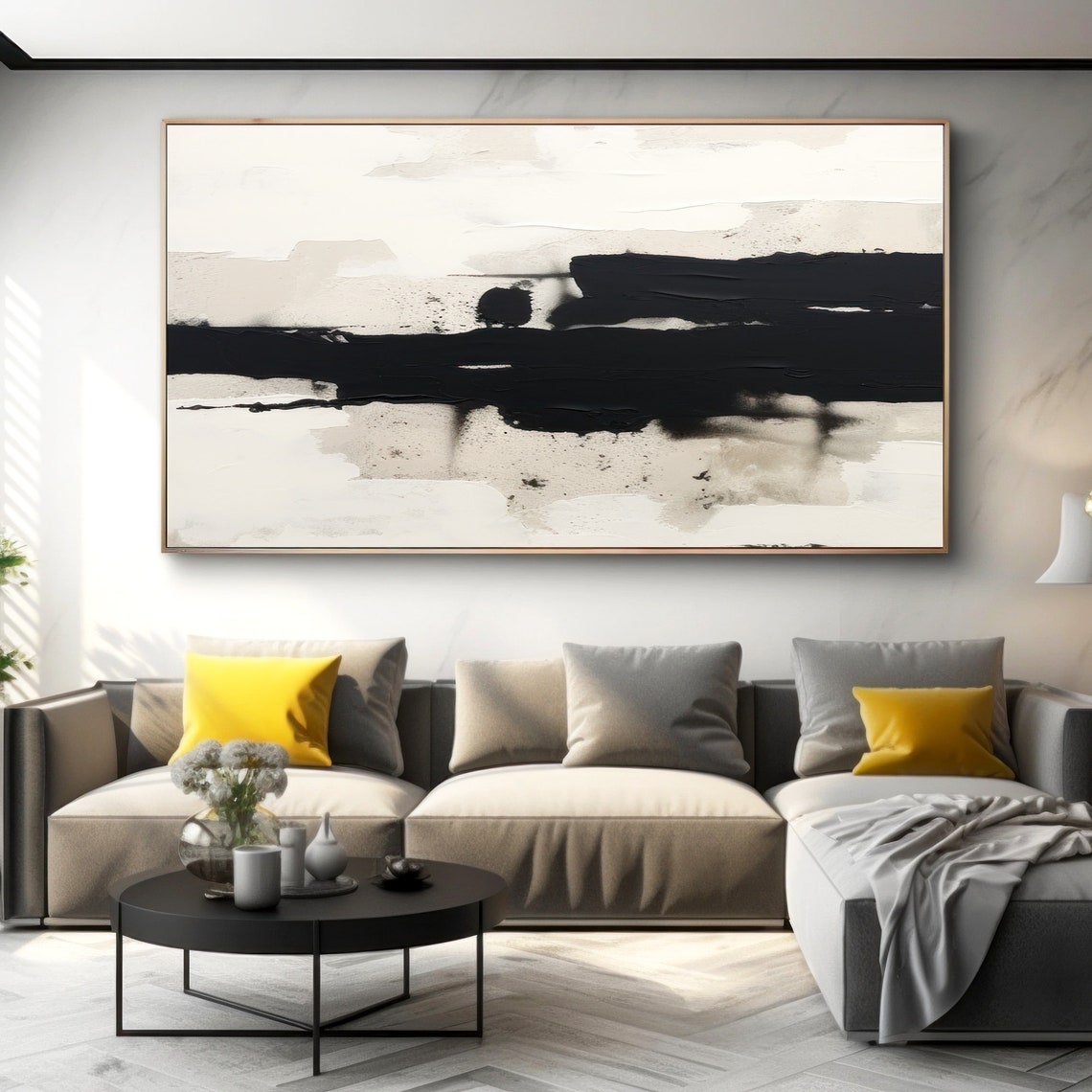Extra Large Minimalist Abstract Painting on Canvas, Modern Black