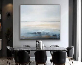 Original  Muted Seascapes Canvas Wall Decoration, Fantasy Handmade Blue Artwork On Canvas, Modern Expansive Landscapes Art, Custom Sea Art