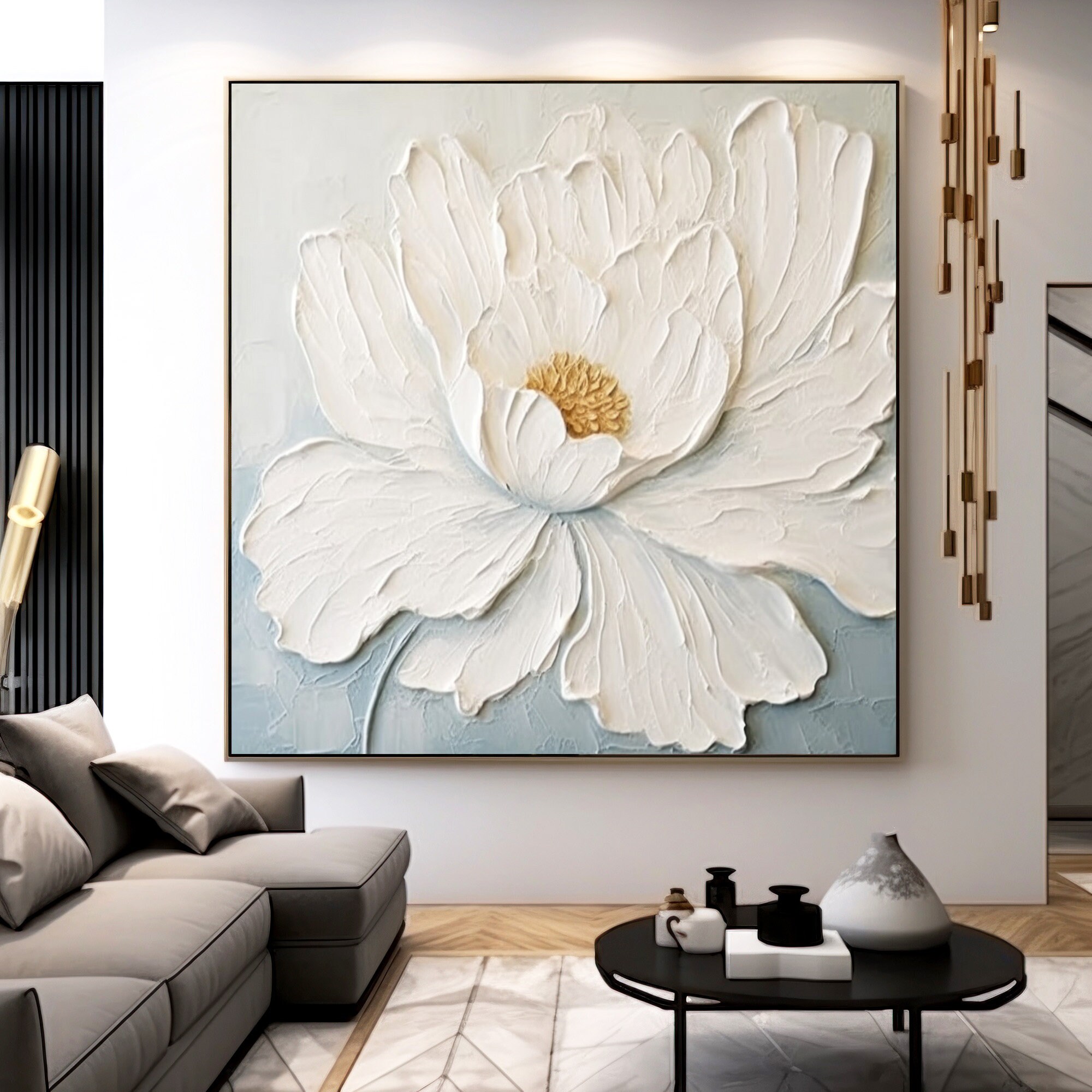 Large 3D White Flower Oil Painting on Canvas, Original Heavy