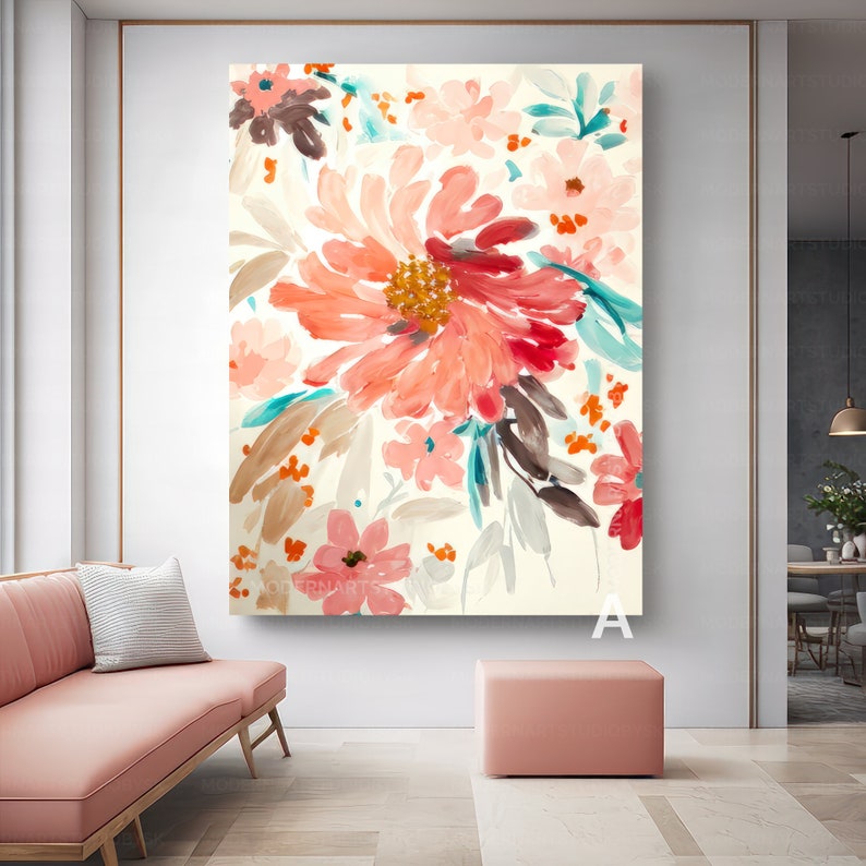 Extra Large Pink Floral Oil & Acrylic Painting on Canvas, Original Red