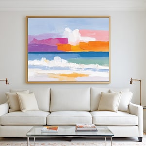 Sunset Beach Abstract Canvas in Orange, Pink  Teal | Colorful Coastal Wall Art for Living Room | Handmade Ocean Landscape Painting art115