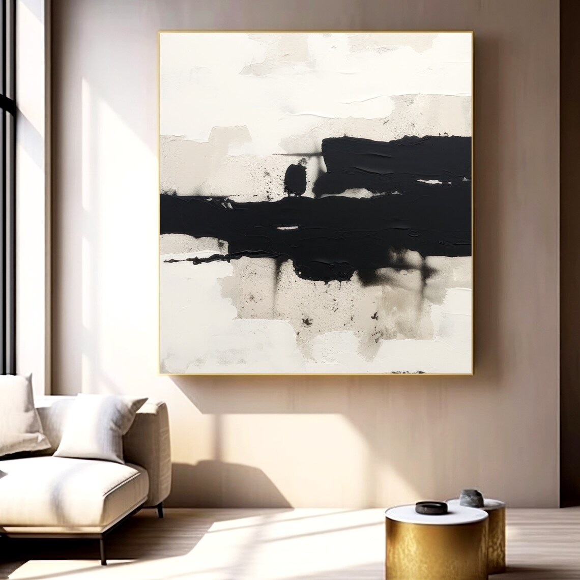 Extra Large Minimalist Abstract Painting on Canvas, Modern Black