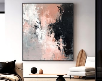 Modern Gallery Black & Grey Texture Painting On Canvas,  Light Bronze Pink Textural Detail Abstract Art, Oversized Gift For Mother