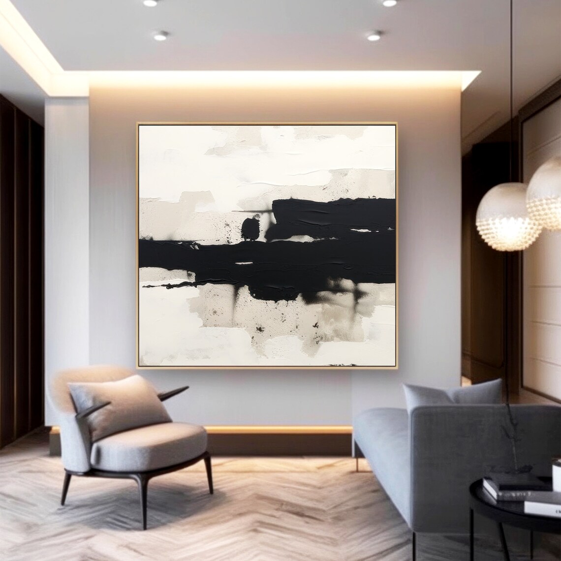 Extra Large Minimalist Abstract Painting on Canvas, Modern Black