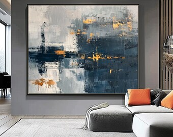 Extra Large Navy Blue Abstract Canvas Wall Decor Gift, Hand-Painted Dark Indigo Artwork On Canvas, Modern Light Gold Impasto Wall Decor Idea