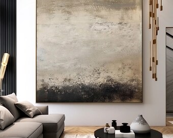 Arte da parete moderna Wabi Sabi beige e nera, regalo di arredamento Boho extra unico, arte astratta originale dai toni neutri, arte con pennellate lunatiche