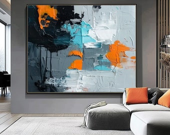 Oversized Contemporary Light Blue Shades On Canvas, Unique Fancy Wall Decoration Grey Orange, Modern Home Decor For Her, Custom Home Art