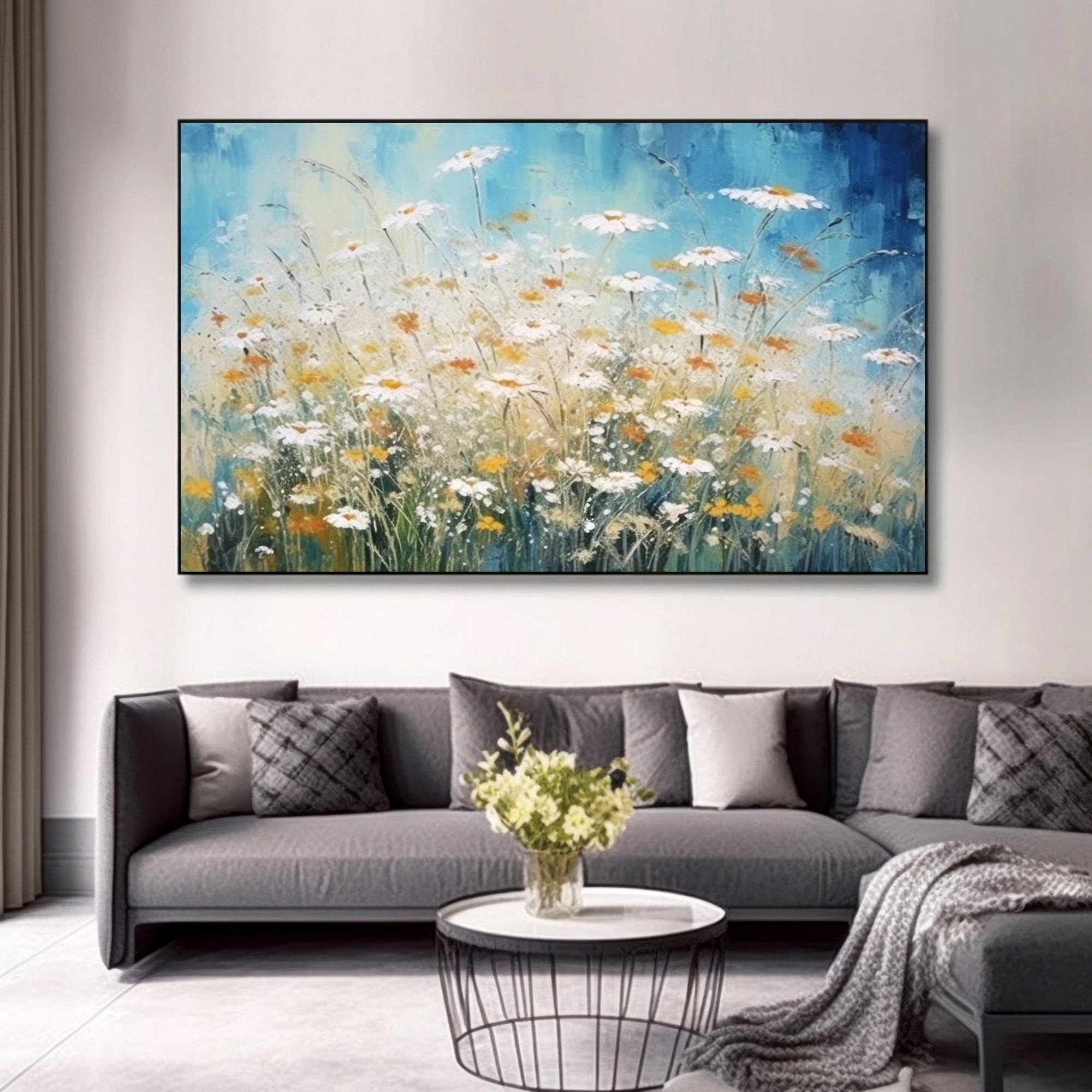 Extra Large Daisy Flower Landscape Wall Art, Original Floral Painting