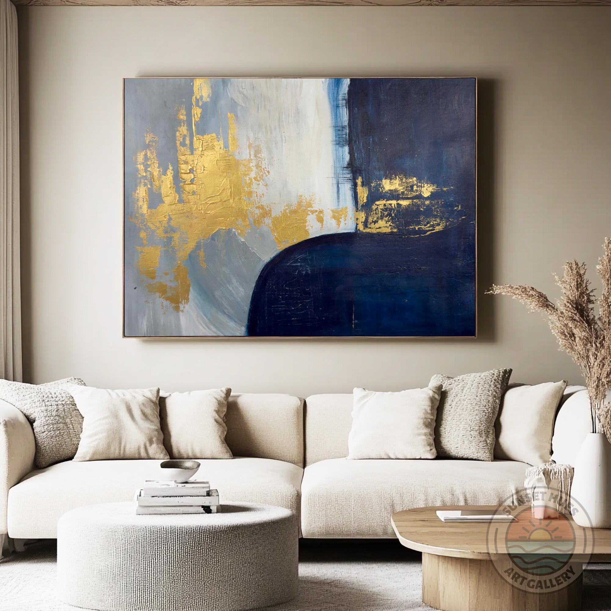 Navy Blue Gold Abstract Wall Art, Metallic Textured Canvas Painting ...