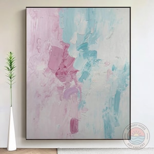 Pink Teal Abstract Wall Art, Pastel Textured Canvas Painting, Modern Impressionist Artwork, Soft Color Living Room Bedroom Nursery Decor