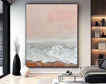 Cadeau original de peinture verticale moderne sur la plage, peinture murale moderne vague blanche et sable, oeuvre d'art en terre cuite rose clair, art minimal 3D beige