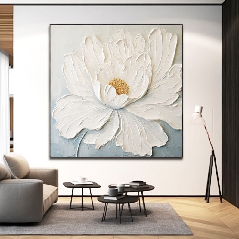 Large 3D White Flower Oil Painting on Canvas, Original Heavy Textured